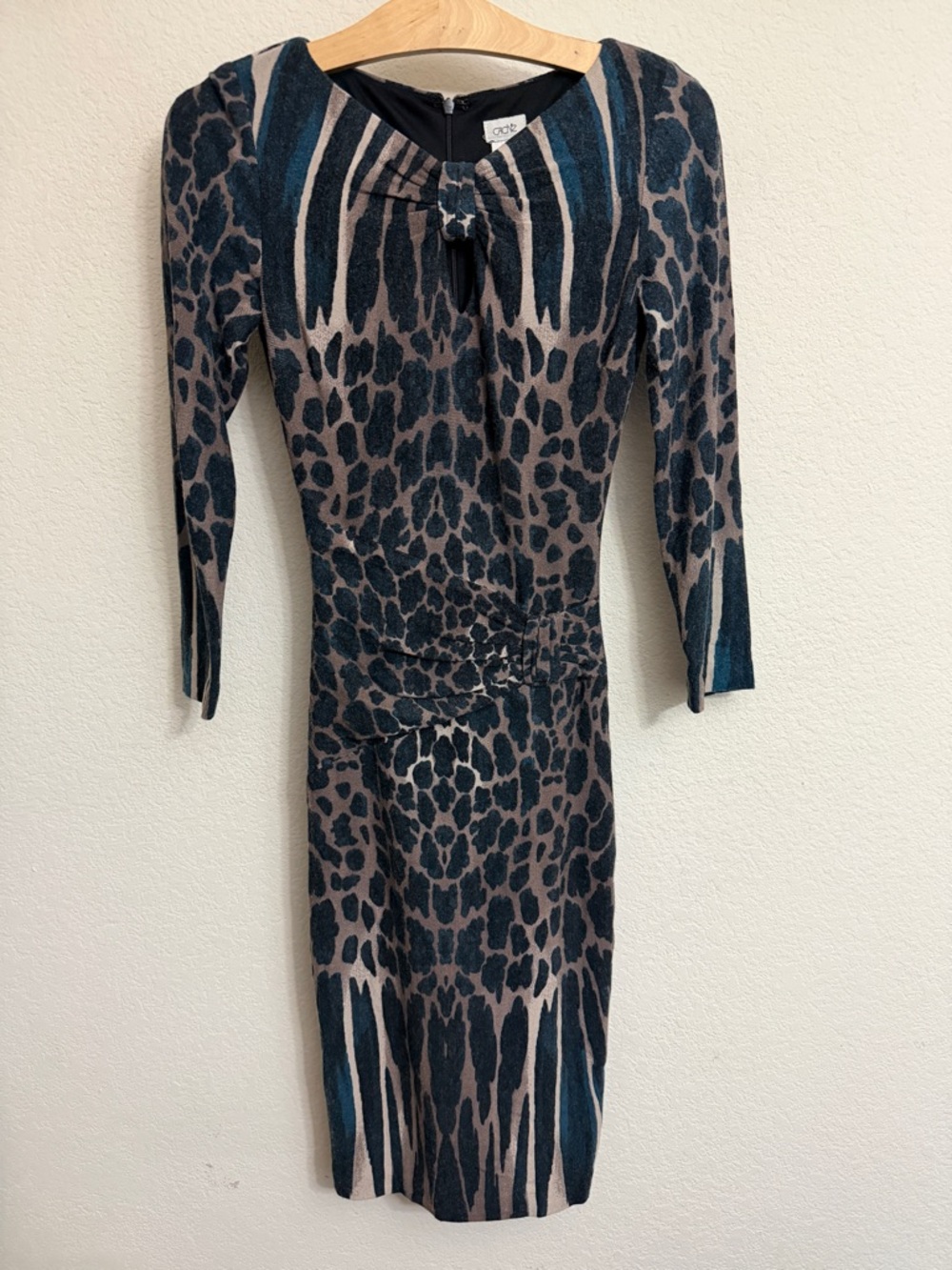 Cache‎ Blue Grey Leopard Print Bodycon Sheath Dress XS 3/4 Sleeve Ruched